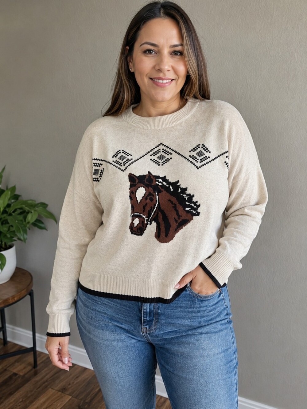 LOFT Cream Crewneck Sweater with Brown Horse Size L